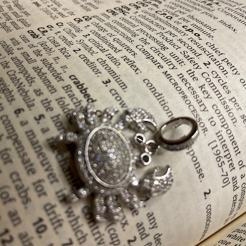 Silver crab-shaped pendant on a piece of text paper