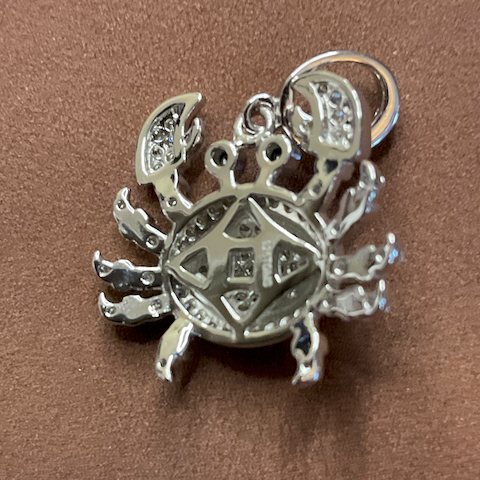 Silver crab-shaped pendant with star design on a brown background