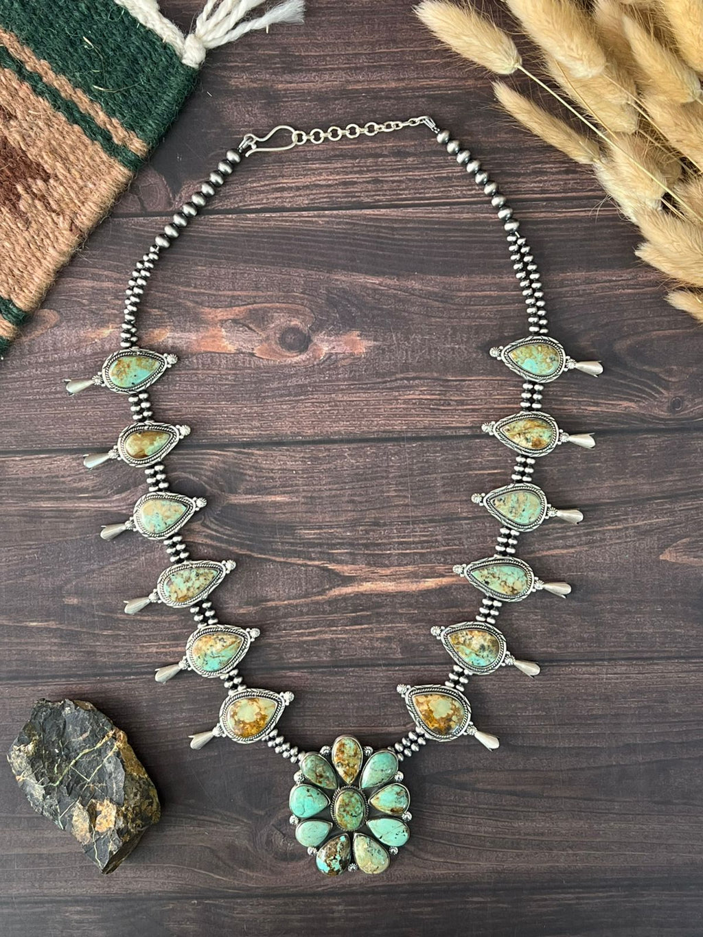 Handmade Sterling Silver Baja Turquoise Collection: Beaded Squash Blossom Necklace "Signed Nizhoni"