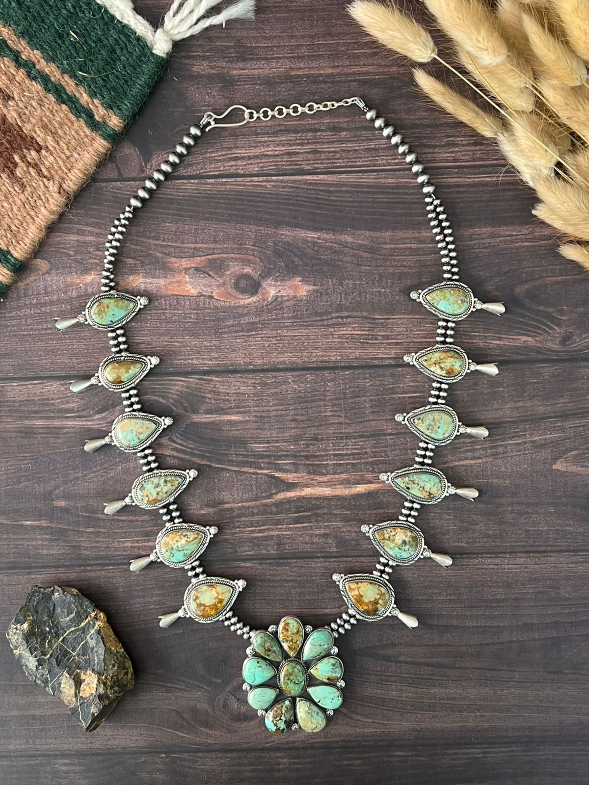 Handmade Sterling Silver Baja Turquoise Collection: Beaded Squash Blossom Necklace "Signed Nizhoni"