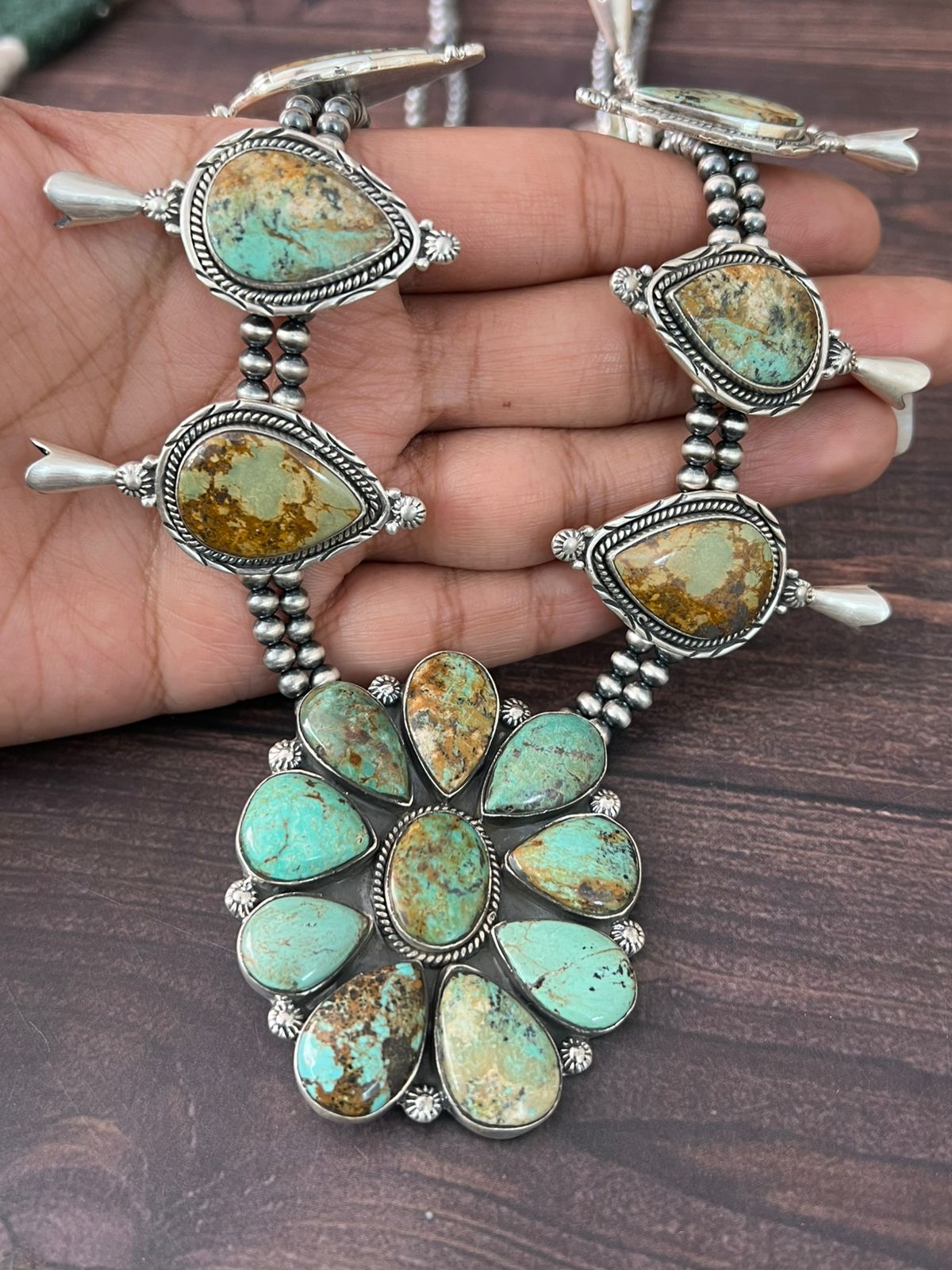 Handmade Sterling Silver Baja Turquoise Collection: Beaded Squash Blossom Necklace "Signed Nizhoni"