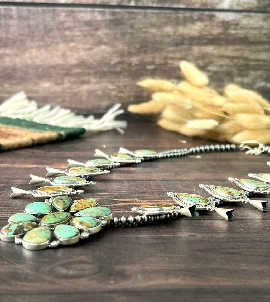 Handmade Sterling Silver Baja Turquoise Collection: Beaded Squash Blossom Necklace "Signed Nizhoni"