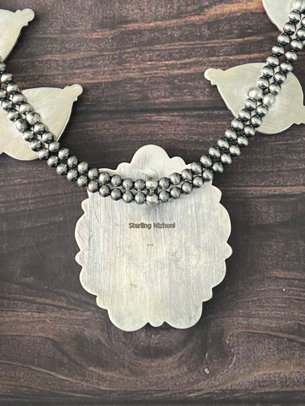 Handmade Sterling Silver Baja Turquoise Collection: Beaded Squash Blossom Necklace "Signed Nizhoni"
