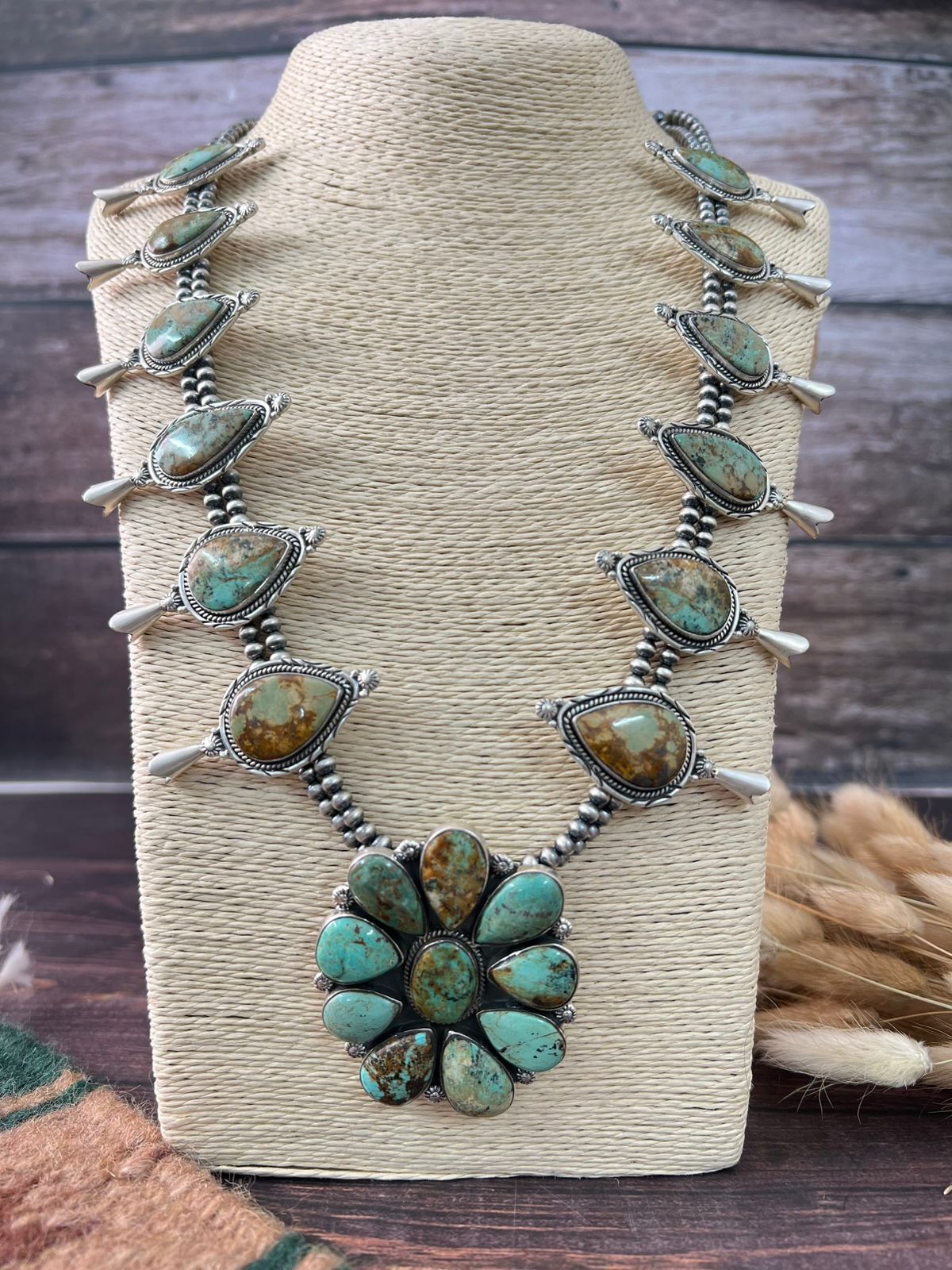 Handmade Sterling Silver Baja Turquoise Collection: Beaded Squash Blossom Necklace "Signed Nizhoni"