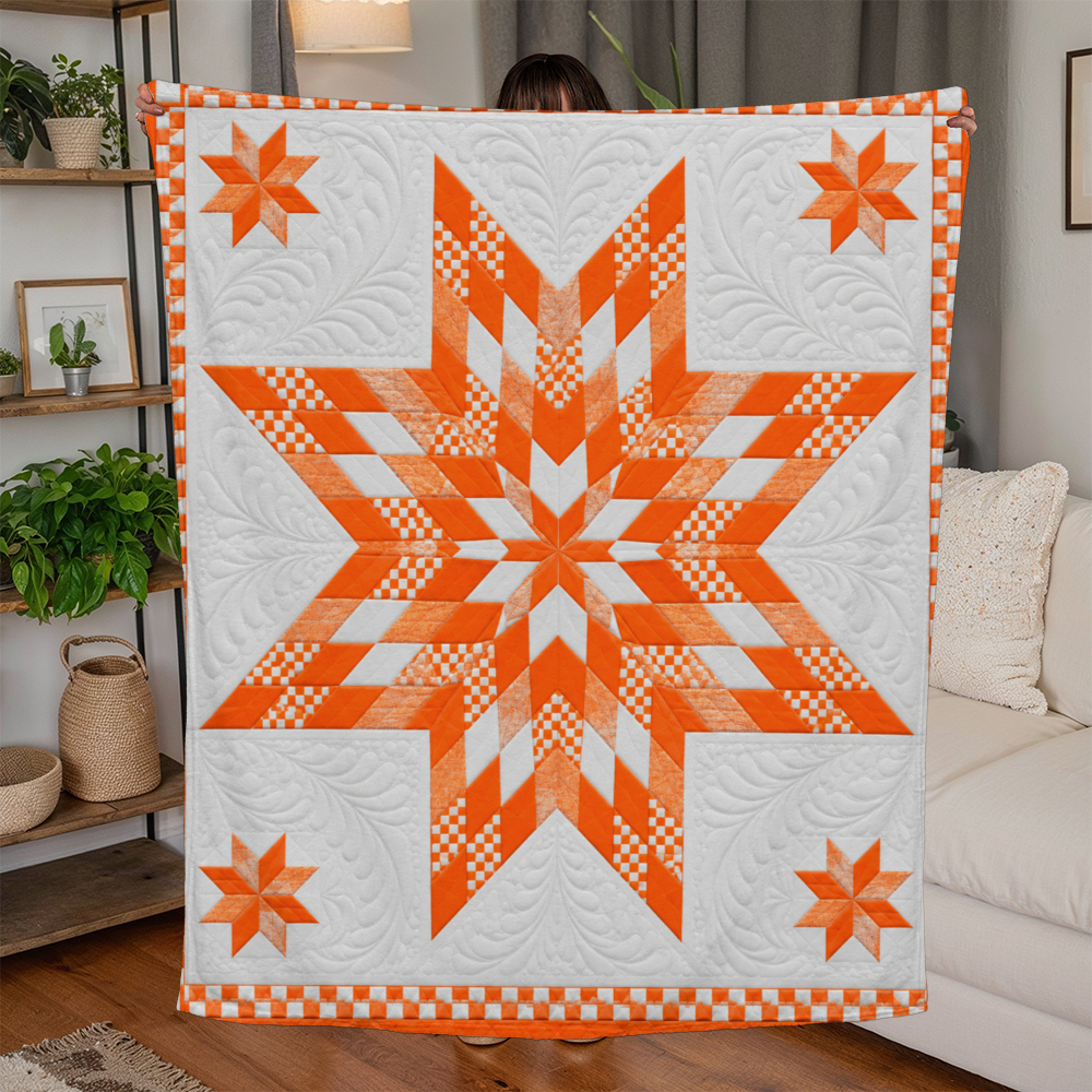 Orange and White Lone Star Jersey Fleece Blanket – Quilted-Look Checkerboard Throw – Farmhouse and Game-Day Décor