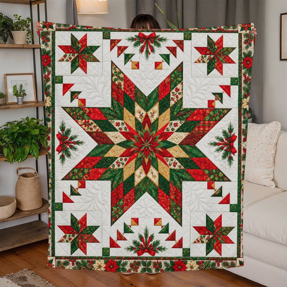 Christmas Lone Star Jersey Fleece Blanket – Quilted-Look Holiday Throw – Poinsettia Farmhouse Christmas Décor