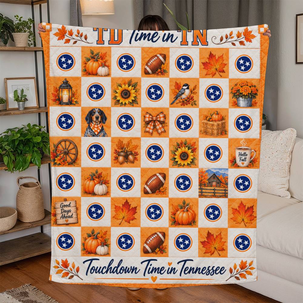 Touchdown Time in Tennessee Jersey Fleece Blanket – Orange Checkerboard Fall Football Throw – Tennessee Gift