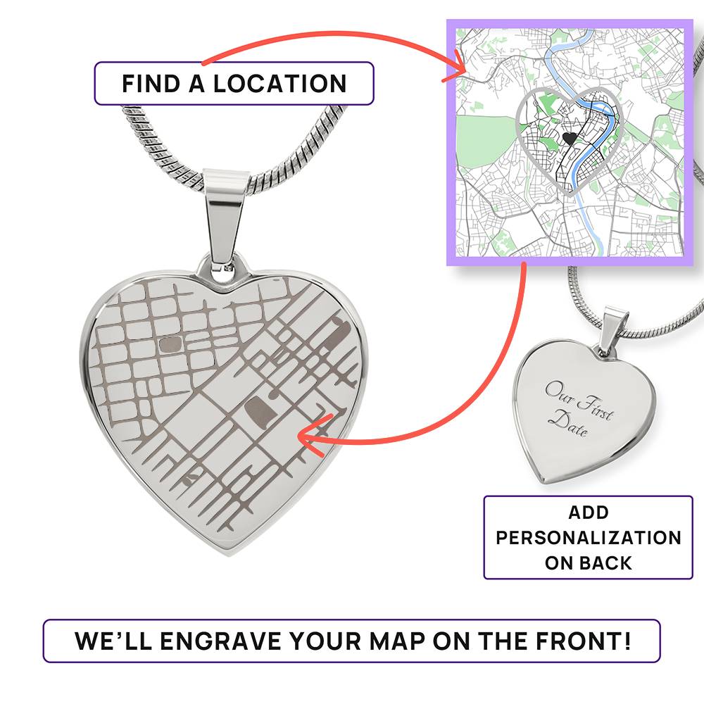 Engraved Heart Map Necklace - You Design Front and Back