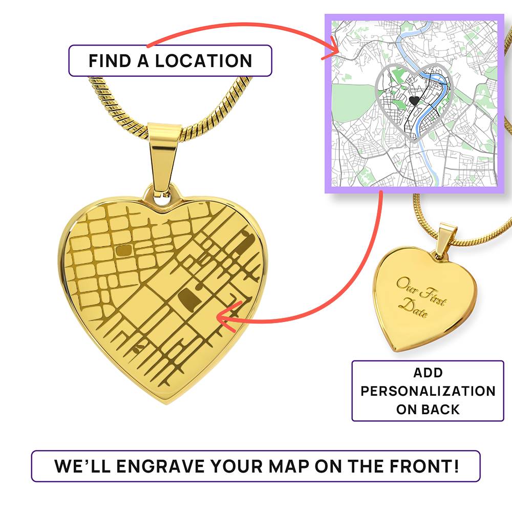 Engraved Heart Map Necklace - You Design Front and Back