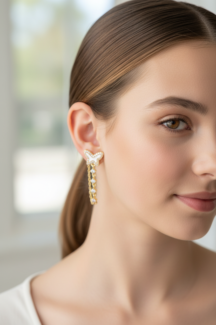 Teenage girl with ponytail wearing mother of pearl butterfly moissanite chain earrings