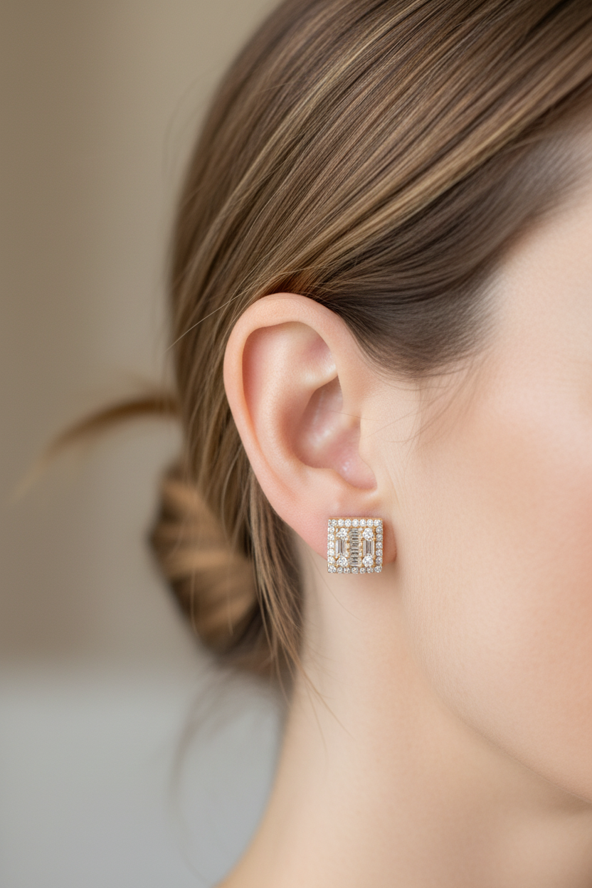 Woman wearing square gold moissanite stud earrings